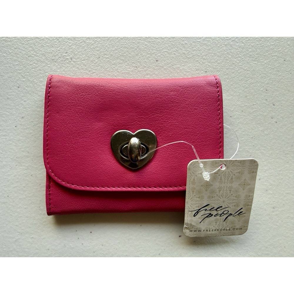 Free People Lock It Up Leather Wallet NWT Pink Heart Turn Lock Trifold Card Hold